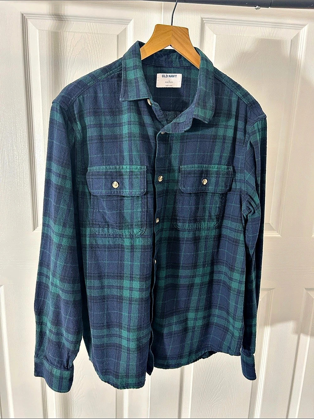 Old Navy Double-Brushed Flannel Shirt Men's Blue & Green Plaid